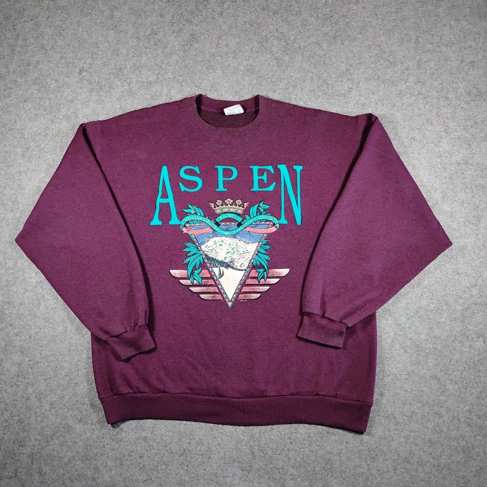 Vintage‎ Tee Jays Aspen Colorado Ski Sweatshirt Mens XL Maroon Heather 90s USA
